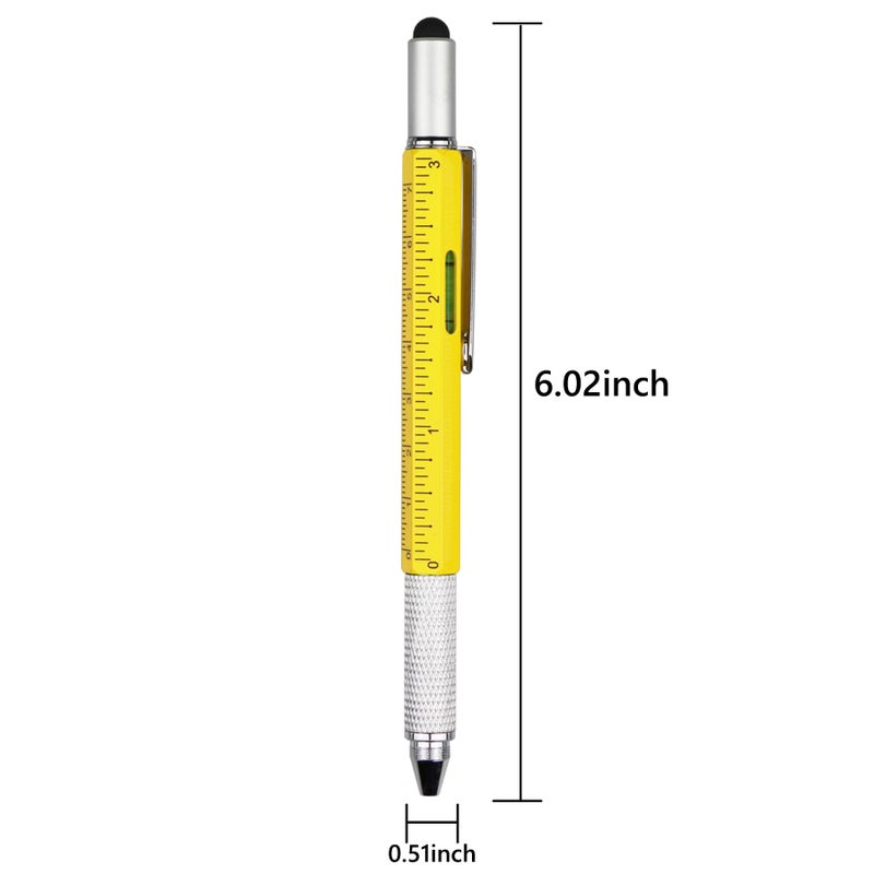 DUNBONG Metal Multi tool Pen 6-in-1 Stylus Pen - With Screwdriver, Ballpoint Pen Black ink, Stylus pen, Level and Ruler, 1-Count (Yellow) - Image 2